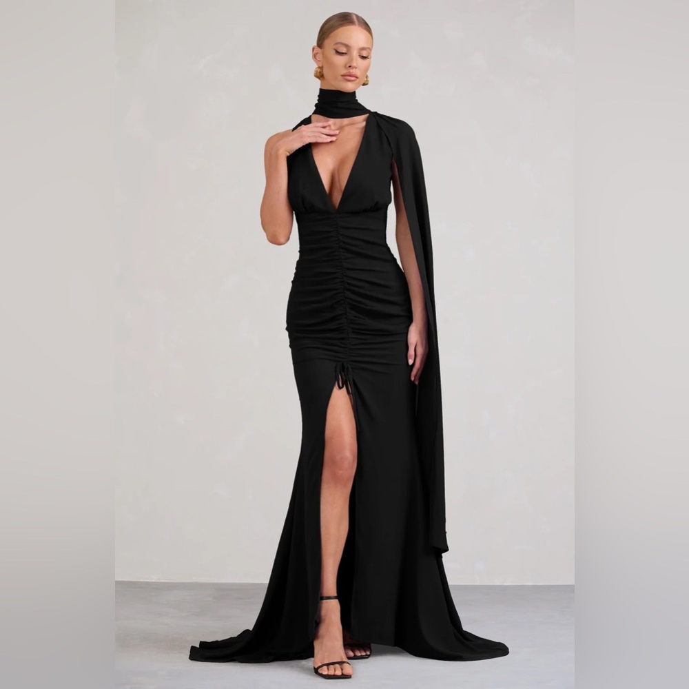 WHIMSICAL BLACK CHIFFON PLUNGE FISHTAIL MAXI DRESS SCARF DESIGN - Club L London